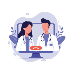 Fototapeta premium Two doctors communicating through computer screen in telemedicine consultation vector illustration for healthcare services and remote diagnosis 