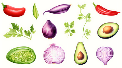 Collection of Organic Avocado, Red Chili Pepper, Purple Onion in Gradient Background