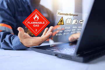 Flammable refrigerant concept with engineer reading warning sign before using the gas to charge in...