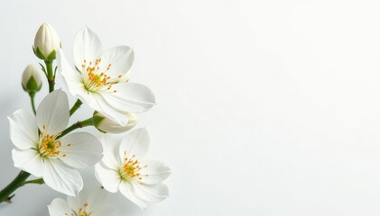 Fototapeta premium Delicate white flower blossoms on pure white backdrop, texture, beauty