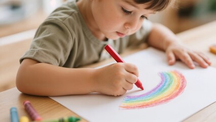 Child drawing a colorful rainbow with crayons on paper