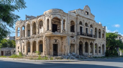 Fototapeta premium Ruined, ornate building, showing architectural details of decay. A crumbling, light-beige structure, with arched openings and balconies, stands on a street corner. Visible damage and deterioration