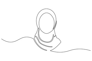 Continuous one line drawing of Trendy hijab woman. Single line drawing illustration of Muslim woman using hijab. Fashionable stylish concept vector art. Doodle line illustration.