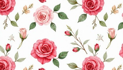 Delicate watercolor roses & leaves, repeat pattern, vintage, leaves, botanical illustration