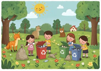 Obraz premium Kids Recycling in Nature Illustration with Cartoon Animals