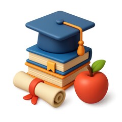 3D Education Design with Graduation Cap, Books, Apple, and Scroll