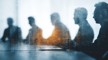 Double exposure image of business people conference group meeting with city office building in background, showing partnership success.