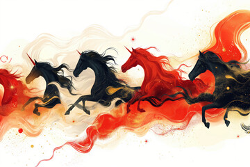 Vibrant Abstract Background Featuring Dynamic Horses, Fiery Elements, and Zodiac Symbols With a Minimalistic Style on a Clean White Backdrop