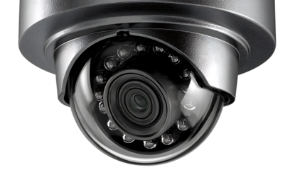 Closeup of a modern security camera dome lens infrared LEDs and metallic casing