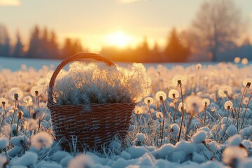 Snowy field at sunset with a wicker basket filled with fluffy dandelion seed heads