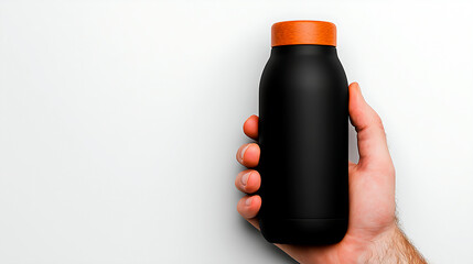 Hand Holding Black Matte Water Bottle with Cork Top Against White Background