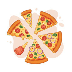 Pizza slices with tomato, onion, and green pepper toppings in a circular arrangement vector illustration 