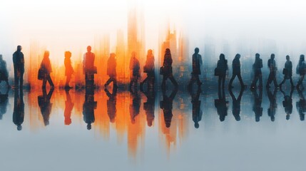 Business conference with double exposure of people and city skyline, reflecting successful partnership and teamwork.