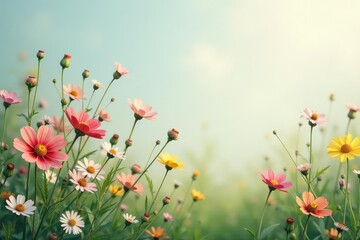 Obraz premium Subtle, scattered wildflowers on a soft background , spring, field, wallpaper