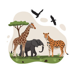 Obraz premium African wildlife scene with giraffe elephant cheetah and birds in natural savannah habitat vector illustration 