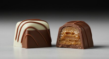 Chocolate Caramel Candy Piece, Cut Open with Filling