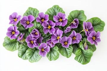 Purple pansies clustered on green leaves,  flat lay