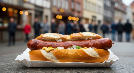 Sausage in Pretzel Bun with Onions and Mustard