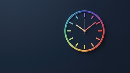 Minimalist wall clock with a colorful rim on a dark background, showing the time as 10:08.
