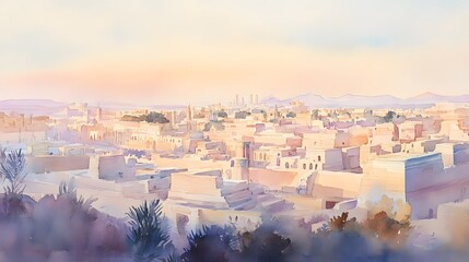Obraz premium Scenic watercolor cityscape view at dawn.