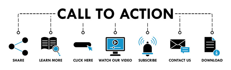 Call to action banner web icon vector illustration concept with icon of share, learn more, click here, watch our video, subscribe, contact us, and download icons