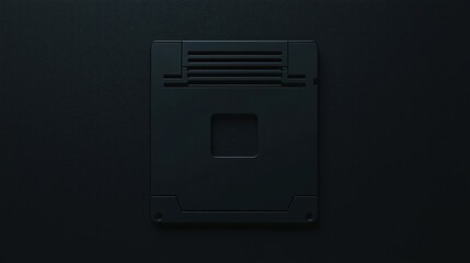 A black floppy disk lies centered on a dark textured background, showcasing vintage computer storage technology in a minimalist style.