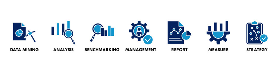 Obraz premium Business Intelligence banner web icon vector illustration concept with icon of data mining, analysis, strategy, measurement, benchmarking, report and management