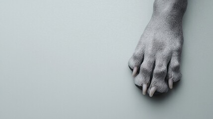 A grey dog's paw with visible nails resting on a plain, light-colored surface.