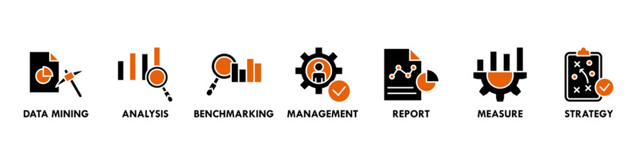 Business Intelligence banner web icon vector illustration concept with icon of data mining, analysis, strategy, measurement, benchmarking, report and management