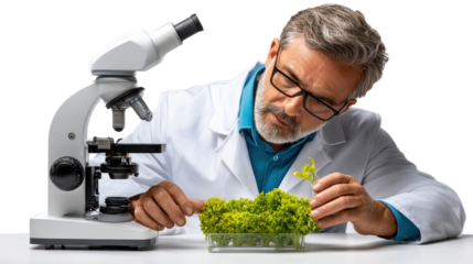 scientist looking through microscope isolated