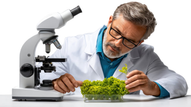 scientist looking through microscope isolated