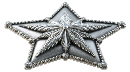 Fivepointed star shaped silver metallic emblem with cannabis leaf design