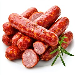 Close up of Red Sausages on a White Plate with Rosemary