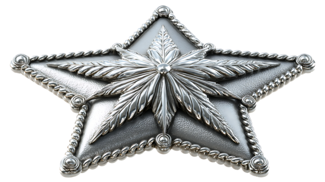 Fivepointed star shaped silver metallic emblem with cannabis leaf design