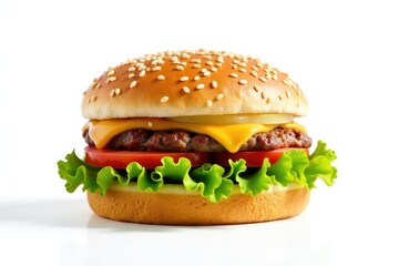 Burger with sesame seeds on a white background, isolated , closeup, detail, meat