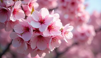 Fototapeta premium Dense cluster of sakura flowers, full bloom, overlapping petals, intense, texture