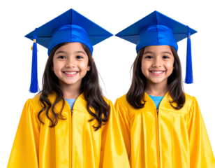 two images side by side, little girl in yellow graduation gown and blue cap with tassel, tra