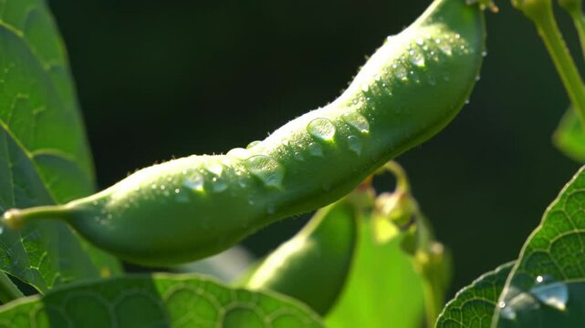 Close-up view of fresh green beans on the plant in a garden during early morning light
