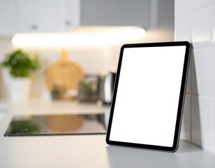 Modern Tablet On White Kitchen Countertop