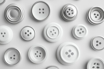 Assorted buttons in various shapes and sizes, a geometric pattern of white and light gray