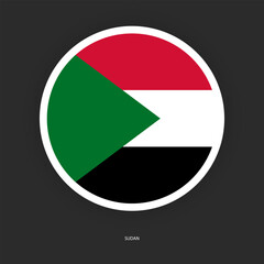 Sudan circle flag icon with shadow on dark background. Sudan button icon with white border isolated dark grey background	