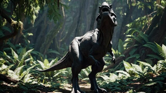 A full-body CGI Tyrannosaurus Rex stands and sniffs for prey in a lush prehistoric jungle, surrounded by ferns and towering trees. Perfect for cinematic dinosaur scenes and science education.
