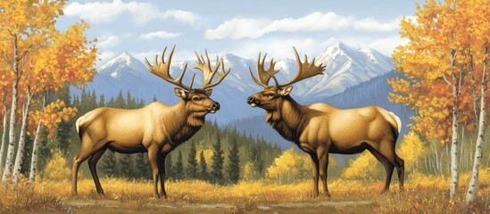 Fototapeta premium Majestic Elk Encounter in an Autumn Landscape Under a Cloudy Sky