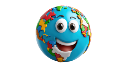 Smiling world cartoon on transparent background