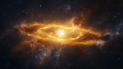 Fototapeta premium Cosmic Nebula: A vibrant, celestial spectacle unfolds, with a dazzling nebula radiating an ethereal golden glow against a backdrop of swirling cosmic dust and distant stars.