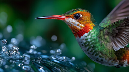 Fototapeta premium Hummingbird in Flight: A dazzling hummingbird, iridescent feathers glinting in the sunlight, hovers near a water source, creating a stunning display of nature's beauty and aerial agility.