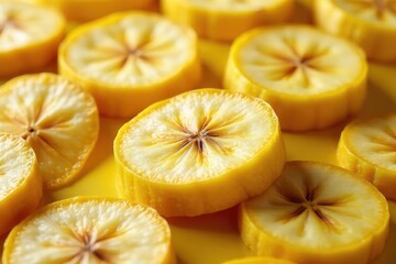 Dehydrated banana slices, golden brown, arranged neatly , banana slices, detail, organic