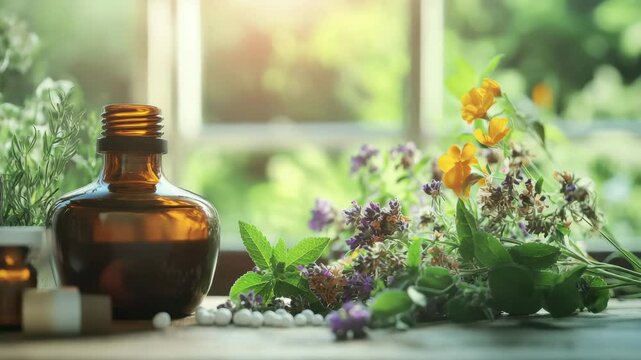 A tranquil scene showcasing herbal medicine with bottle of tincture, and flowers. The flowers are arranged on a windowsill bathed in soft, natural light.