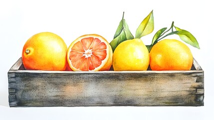 Watercolor illustration of citrus fruits in a wooden crate.
