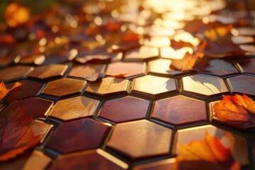 Autumn leaves scattered on a hexagonal tile path bathed in sunlight.